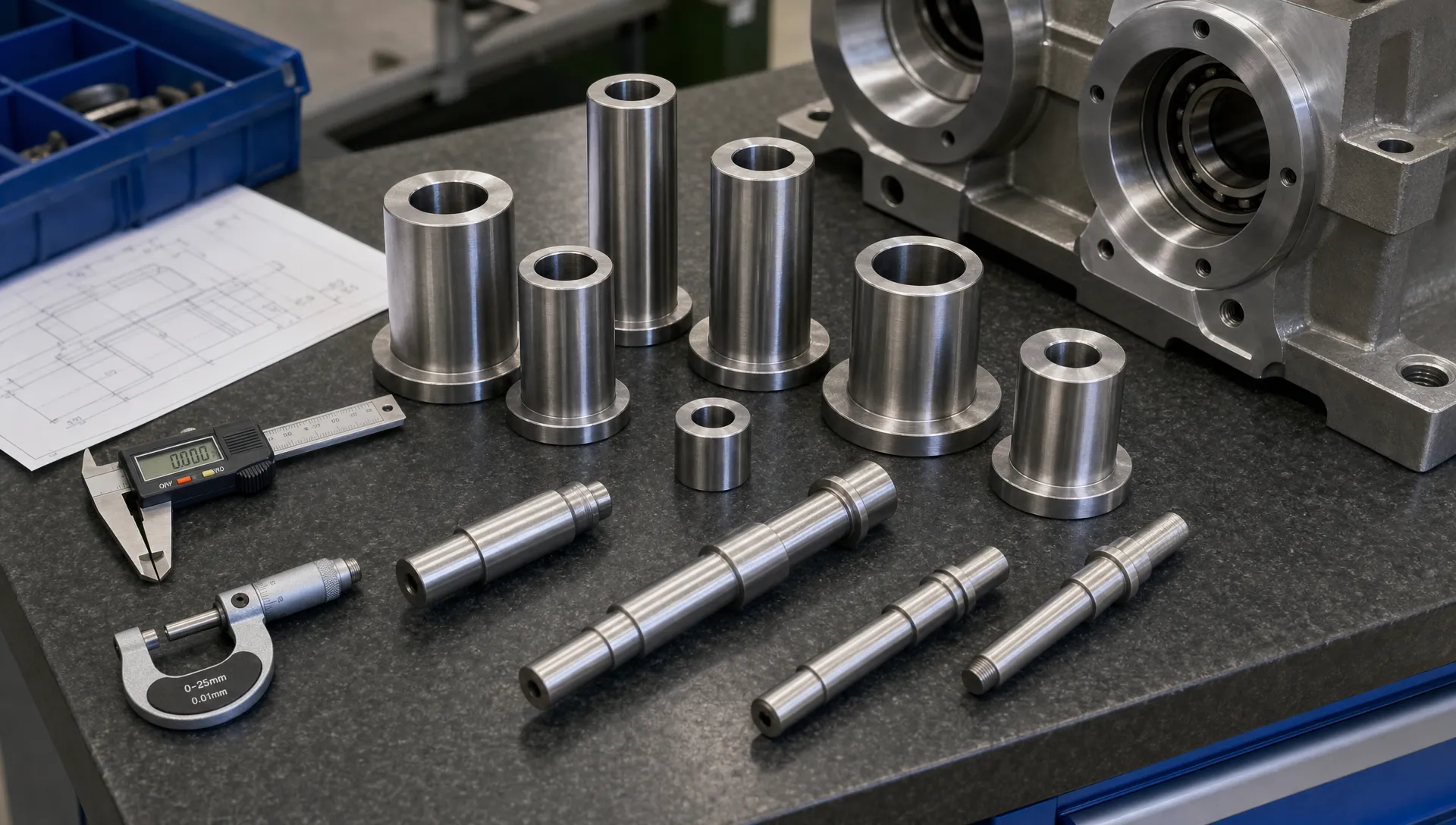A medium view of precision-machined metal spacers, shafts and sleeves arranged on a workshop inspection bench, with measuring tools beside them and a larger industrial assembly component partly visible in the background.